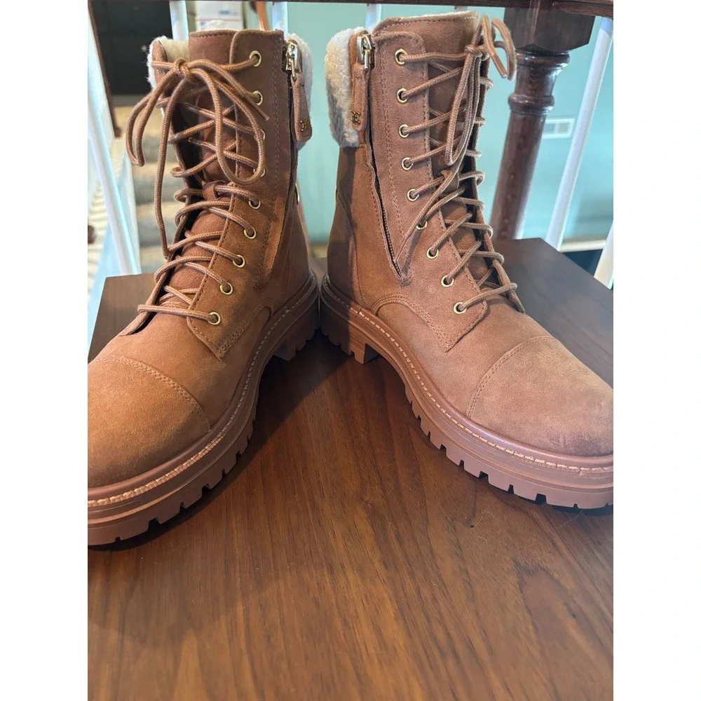 Sam Edelman Aleia Tan Suede Shearling‎ Combat Boots Lug Sole Side Zip 6.5